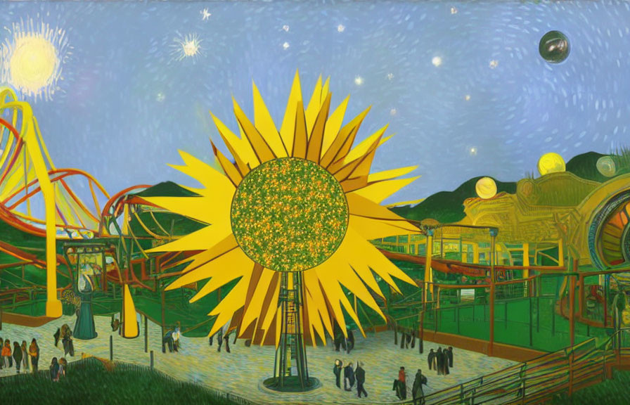 Vibrant sunflower centerpiece in imaginative landscape with roller coasters, mountains, and people under celestial