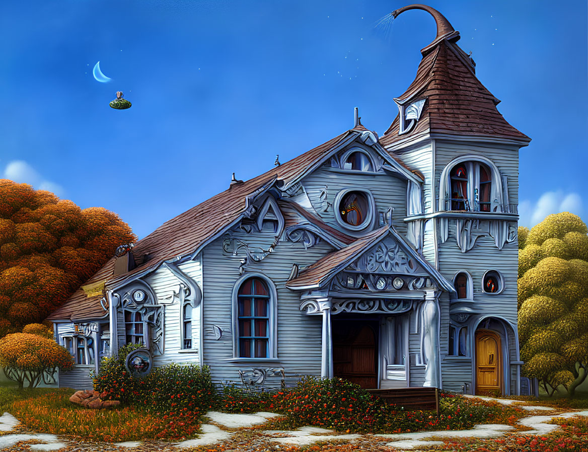 Whimsical blue house with ornate details in autumnal setting