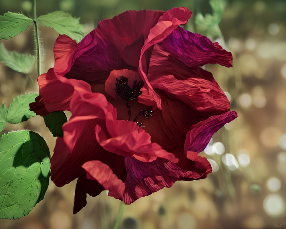 Vibrant Red Poppy Flower with Ruffled Petals and Dark Center on Bokeh Background