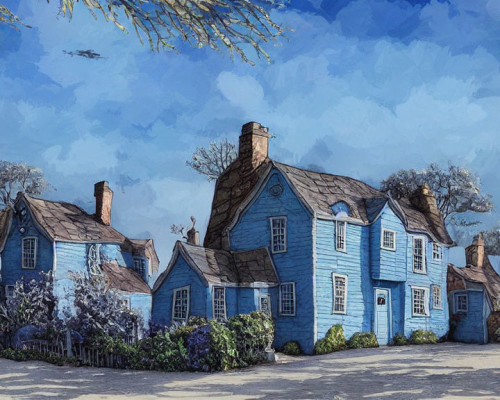 Illustration of Quaint Blue Cottage with Thatched Roof