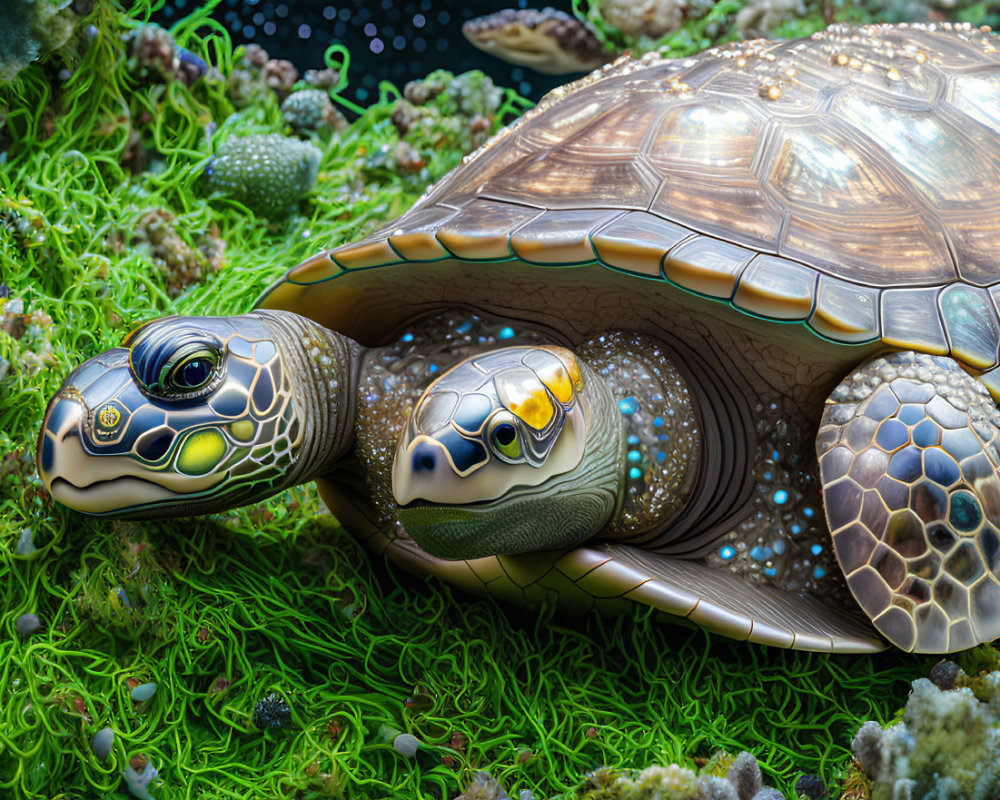 Detailed mechanical turtle with intricate patterns on vibrant green algae