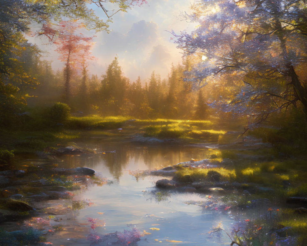 Tranquil forest scene with sunlight, stream, flowers, and pink blossoms