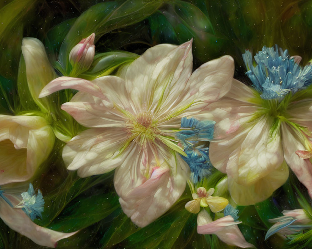 Cream and Pink Blooms with Blue Flowers in Ethereal Painting