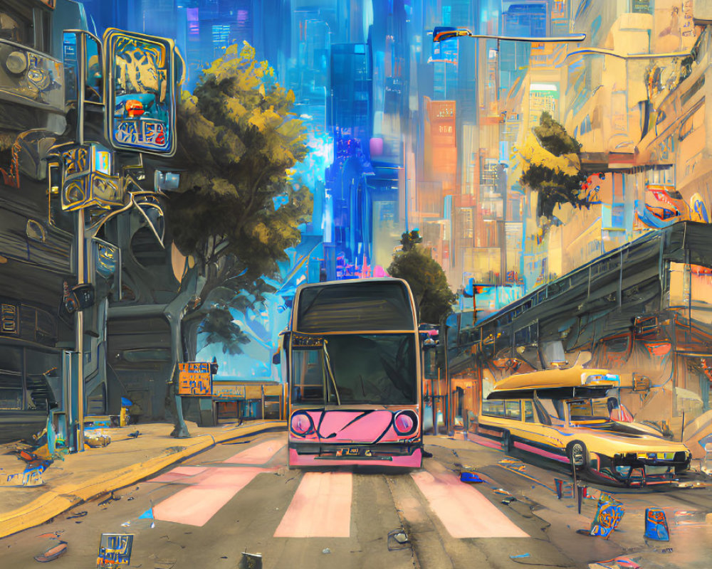 Futuristic cityscape with neon signs, bus, and glowing skyscrapers