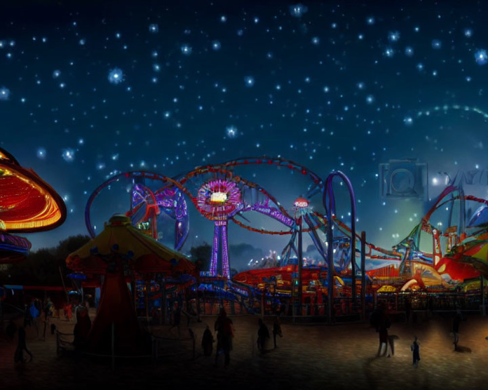 Nighttime amusement park with roller coaster, carousel, and illuminated attractions