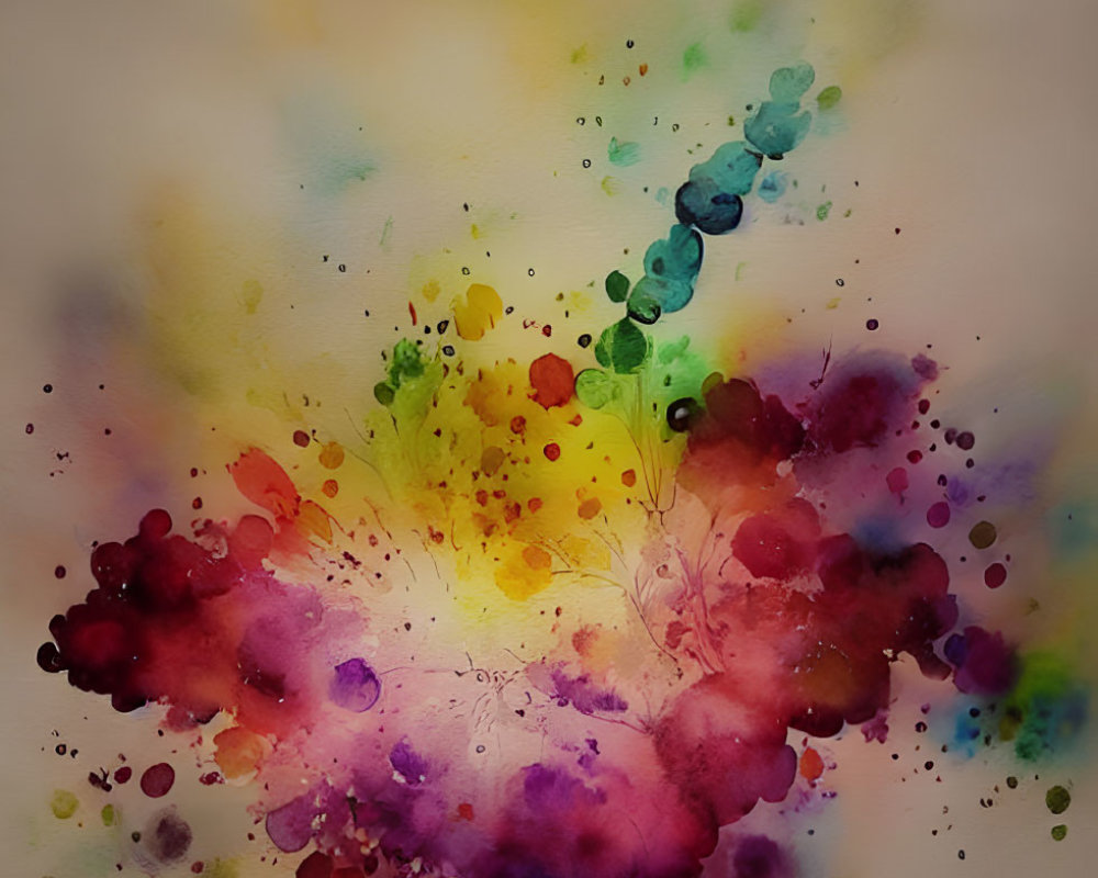 Colorful Watercolor Painting of Vibrant Red, Yellow, Purple, and Blue Splashes on Light