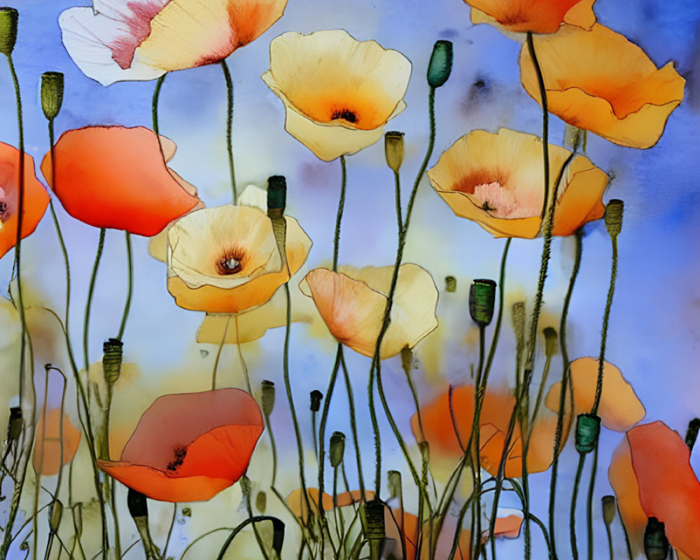 Vibrant watercolor poppies with translucent orange and yellow petals on blue background