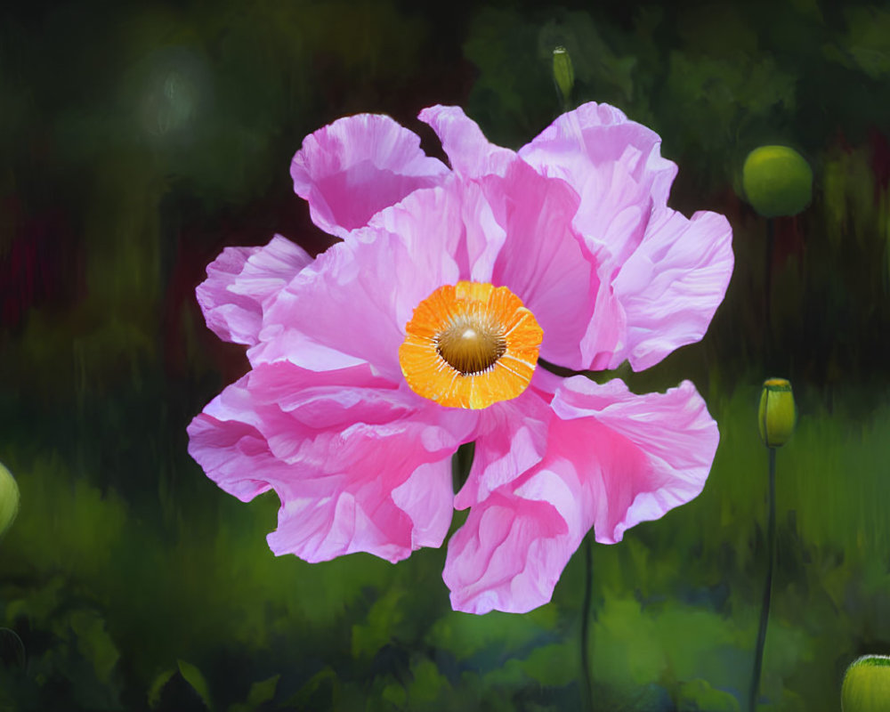 Vibrant pink poppy with bright orange center on blurred green background