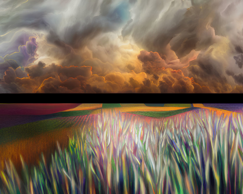 Vibrant stylized landscape with dramatic warm-hued clouds