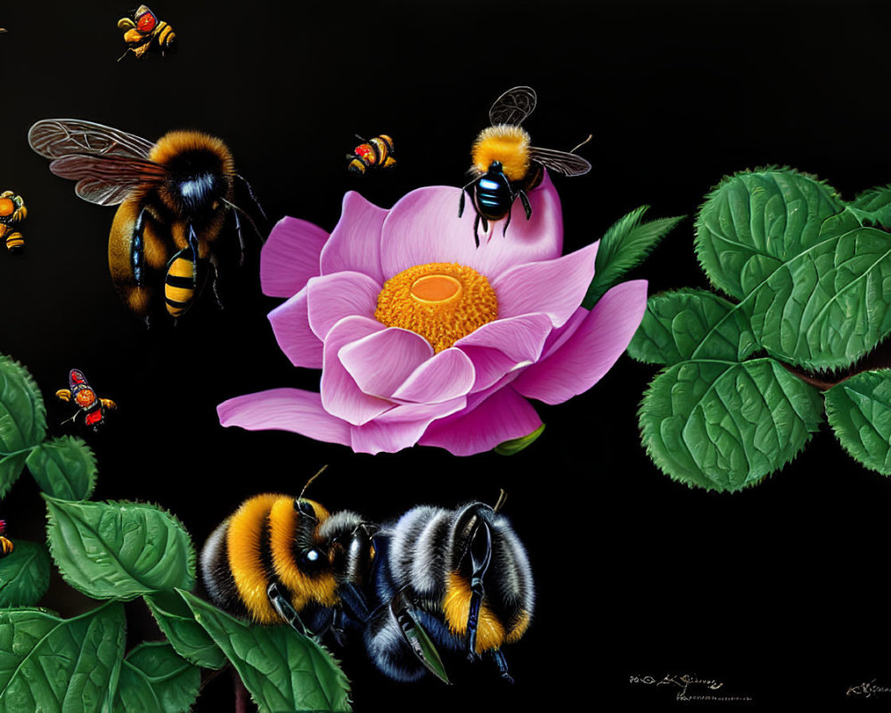 Detailed Illustration: Pink Flower, Bumblebees, Green Leaves