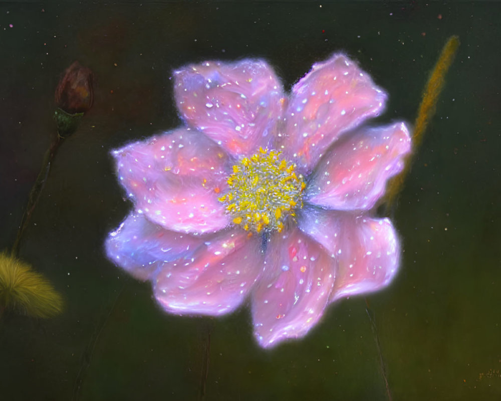 Pink flower with yellow center and stamen, bud and seed heads on dark background