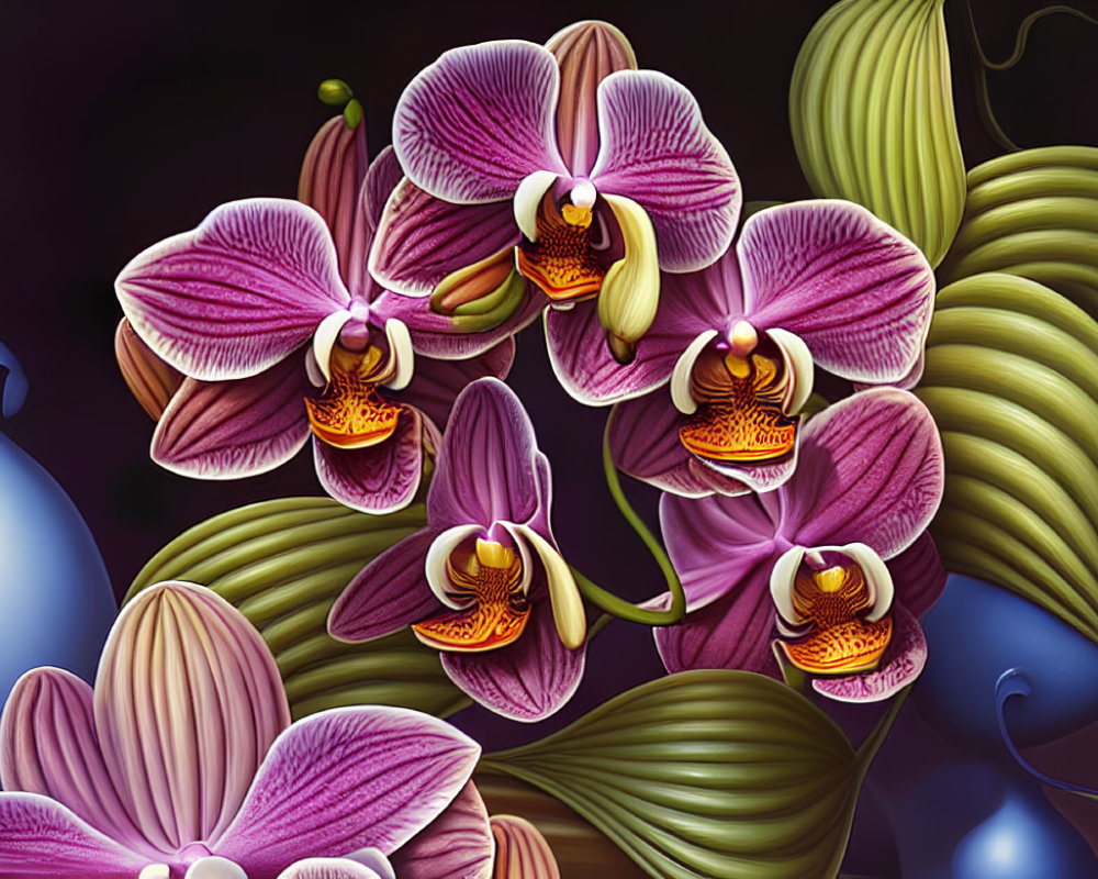 Detailed Purple and White Orchids Digital Artwork with Dark Background