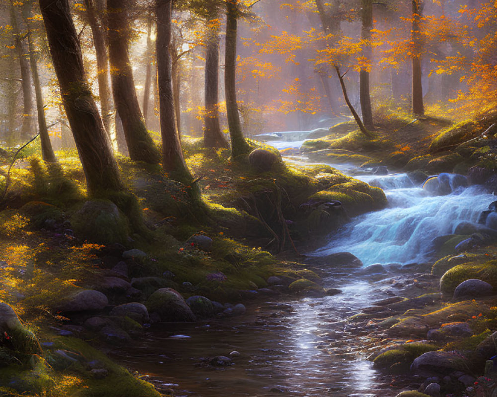 Autumn forest scene with colorful leaves and flowing stream