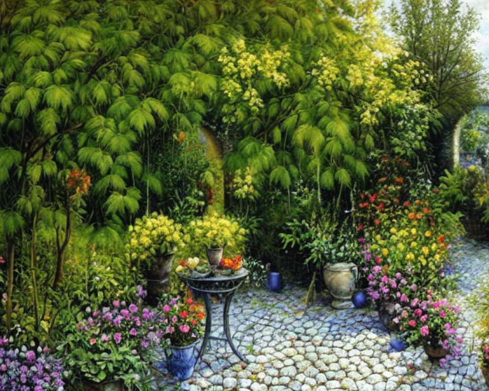 Colorful Flower Garden with Cobblestone Path and Metal Table