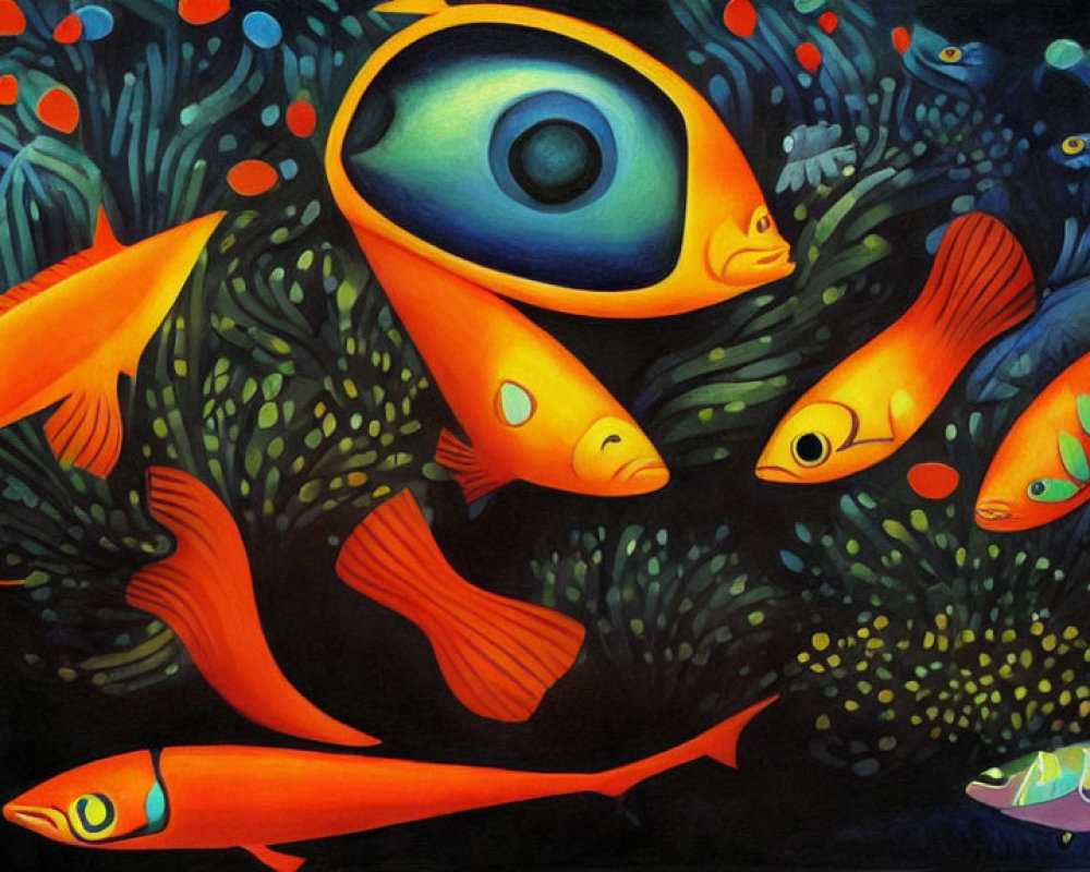 Colorful painting of orange fish with large eye in dark underwater scene