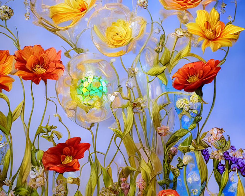 Colorful Glass Flowers Displayed Against Blue Sky Background