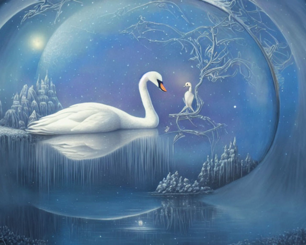 Swan on tranquil lake under moonlit sky with seagull on frost-covered tree