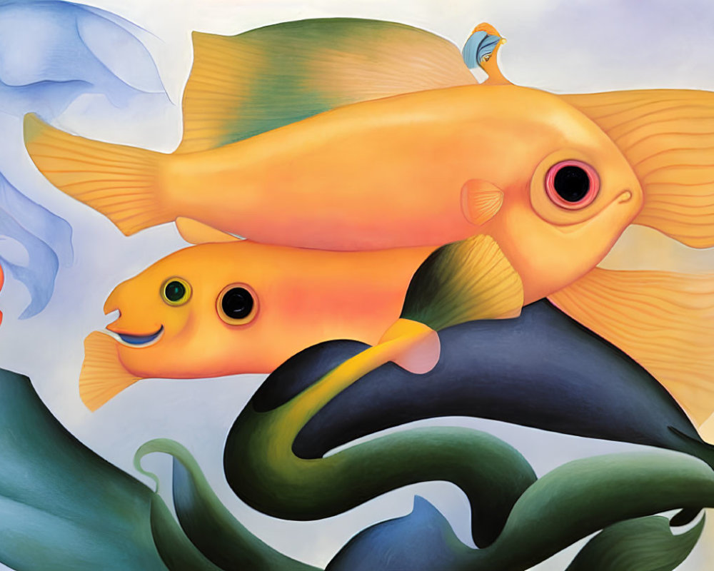 Colorful Goldfish with Humanlike Faces Among Aquatic Plants in Whimsical Illustration