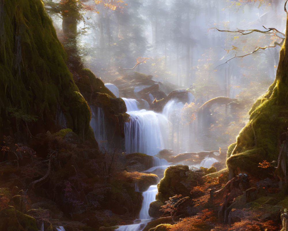 Enchanted forest scene with waterfall and autumn foliage