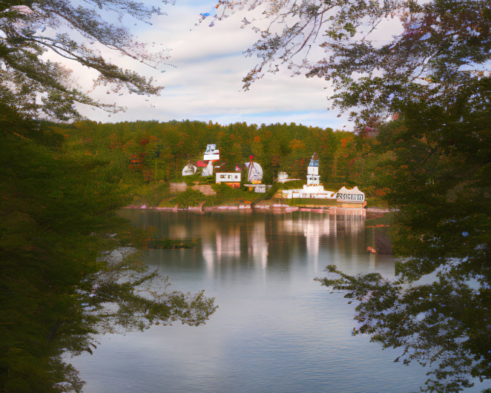 Tranquil lake with autumn trees and buildings under cloudy sky