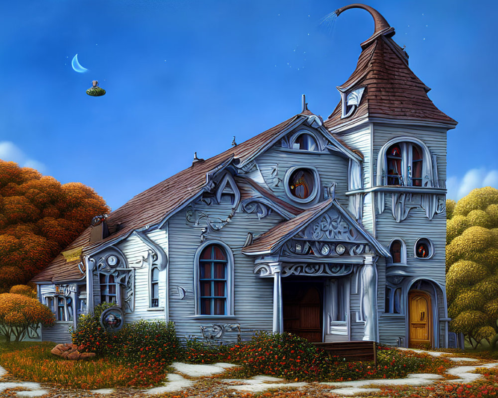 Whimsical blue house with ornate details in autumnal setting