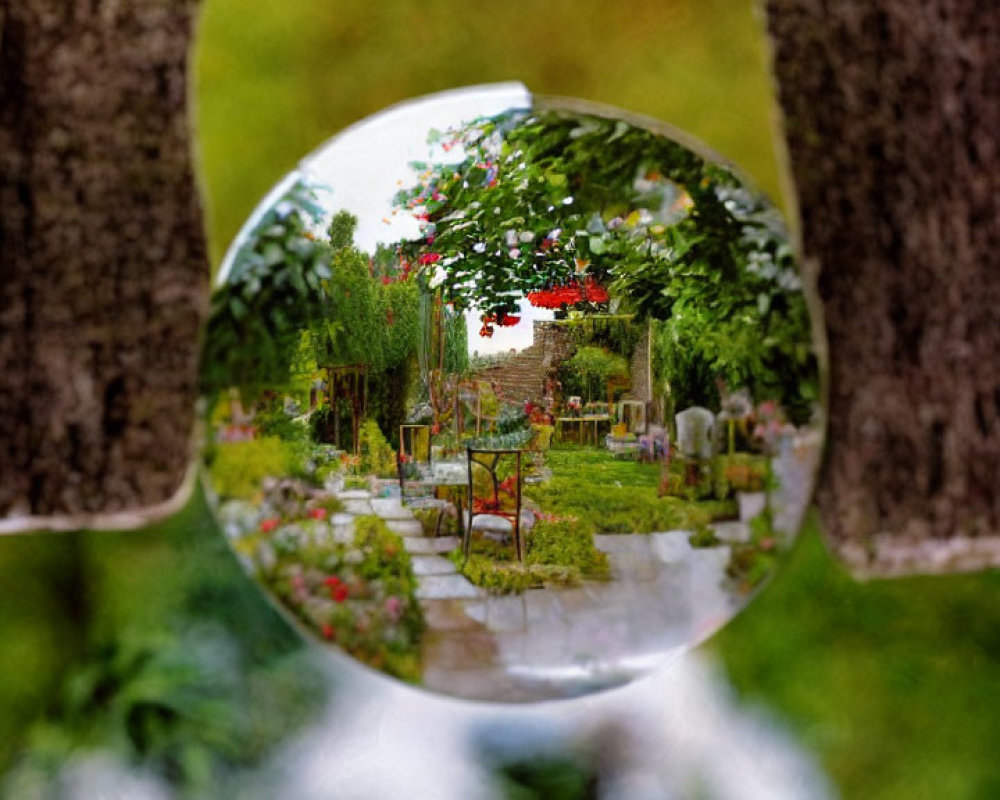 Colorful garden with flowers and bench seen through crystal ball in forest setting