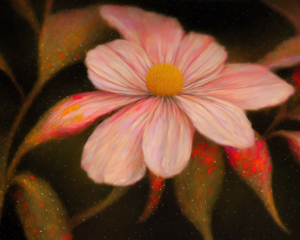 Pink Flower with Yellow Center and Red Speckled Leaves on Dark Background