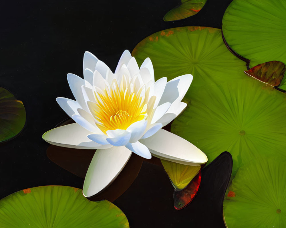 White Water Lily Blooming with Golden Center in Pond with Green Lily Pads and Fish