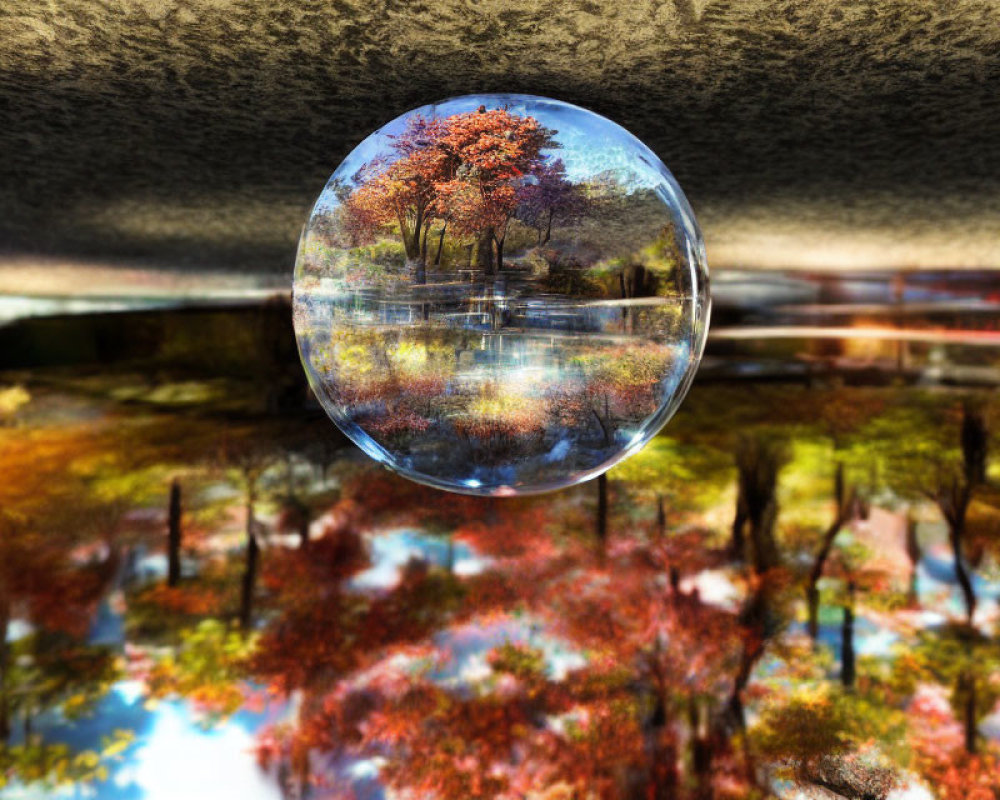 Inverted autumn scene in crystal ball on reflective surface