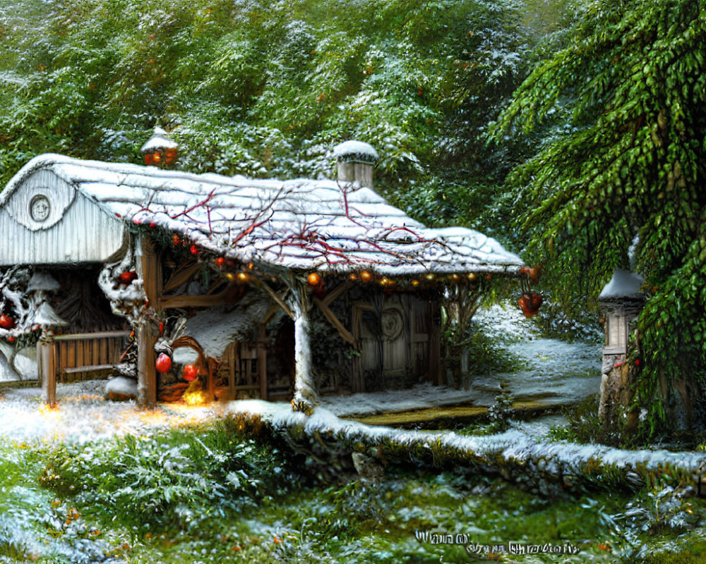 Snowy Winter Scene: Festive Wooden Cabin in Snowy Forest