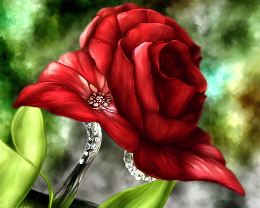 Detailed digital painting of red rose with water droplets on green background