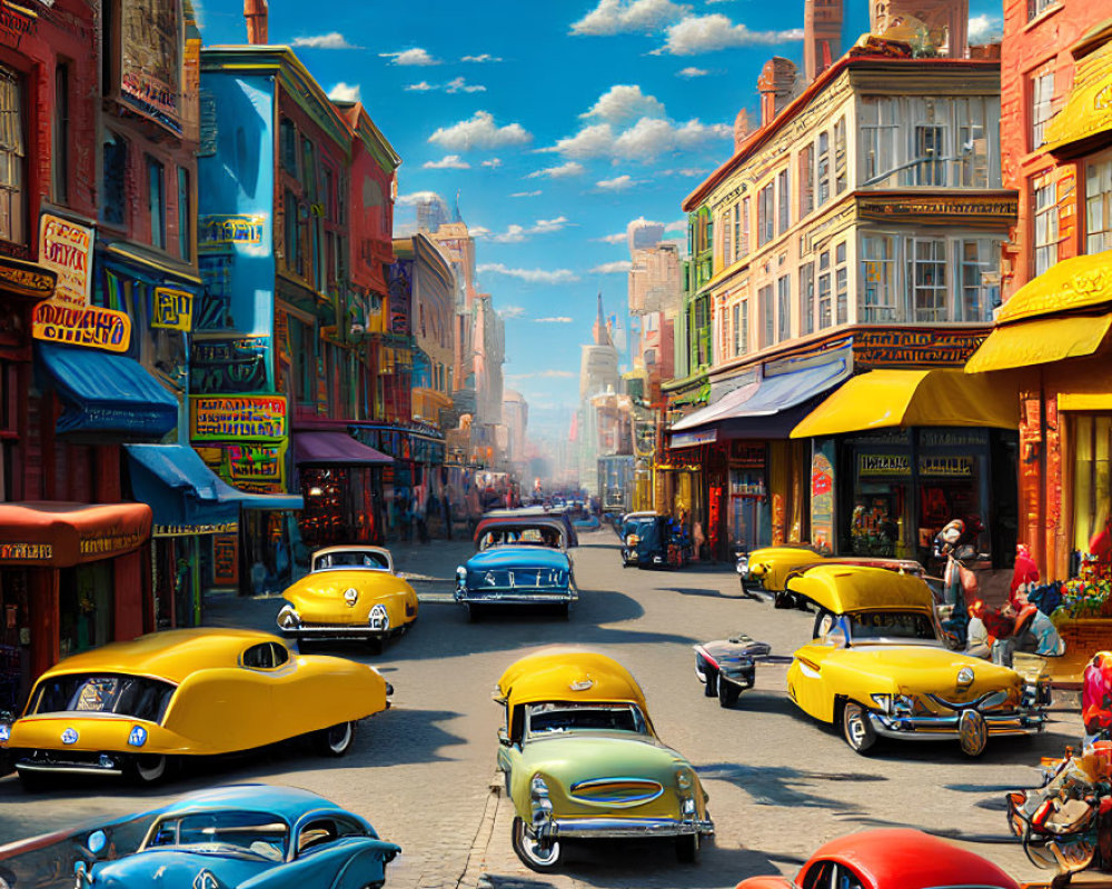 Colorful vintage cars and bustling pedestrians on vibrant city street