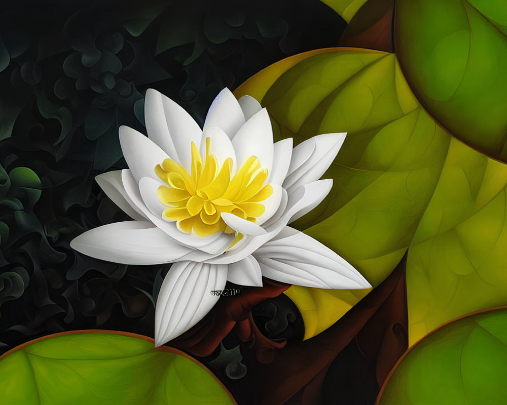 White and Yellow Lotus Flower with Green Leaves and Silhouette Face Illustration