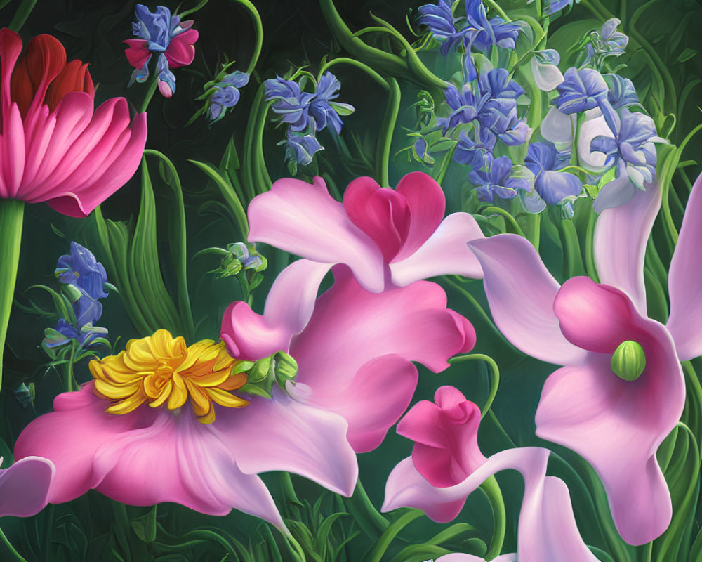 Colorful digital painting of assorted flowers on dark backdrop