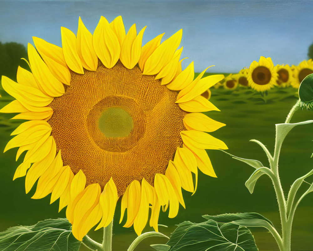 Field of Sunflowers Under Clear Blue Sky with Detailed Close-Up