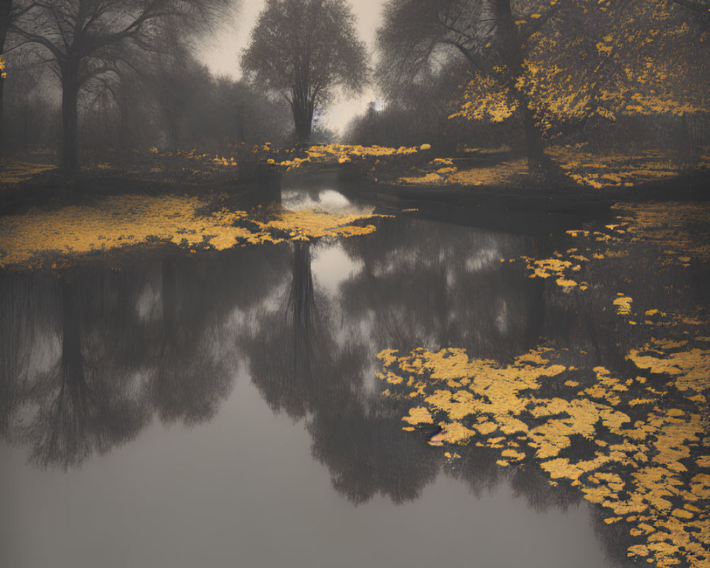 Tranquil pond scene with solitary figure and misty light