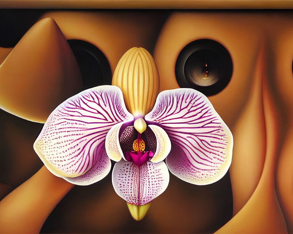 Surreal artwork: Central orchid with intricate pink patterns surrounded by abstract eye shapes