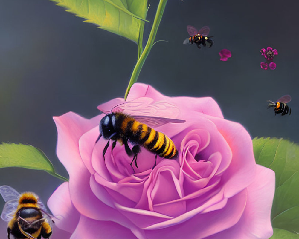 Colorful artwork: Pink rose, bees, purple-gray background