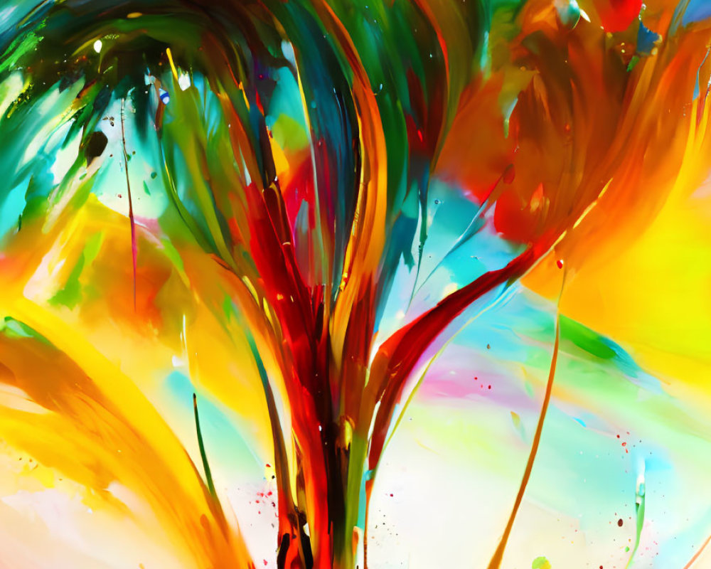 Colorful Abstract Painting with Dynamic Swirls and Splatters