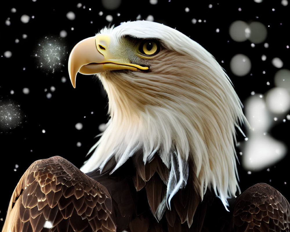 Detailed Bald Eagle in Starry Night with Snowflakes