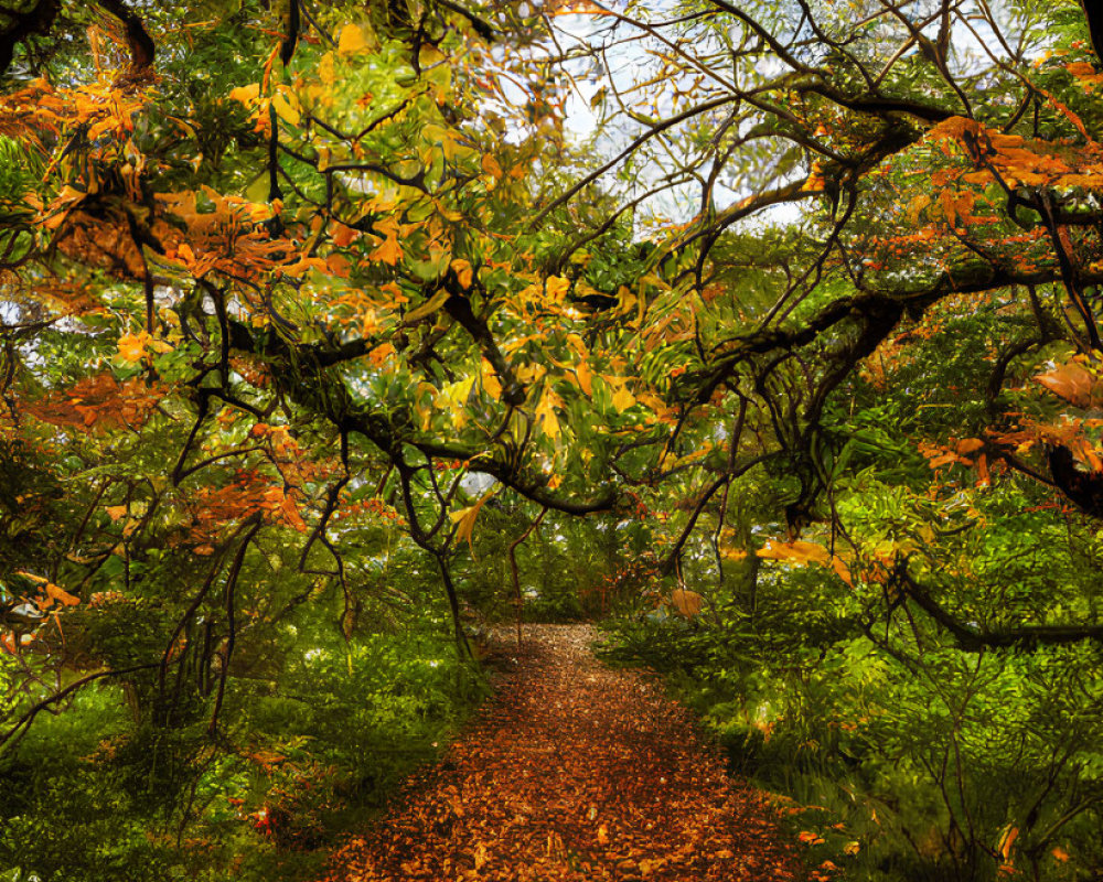 Scenic forest path with autumn leaves and colorful trees