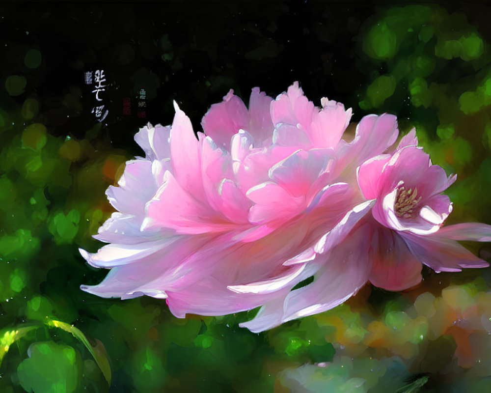 Vibrant pink peonies with Asian calligraphy on bokeh green background