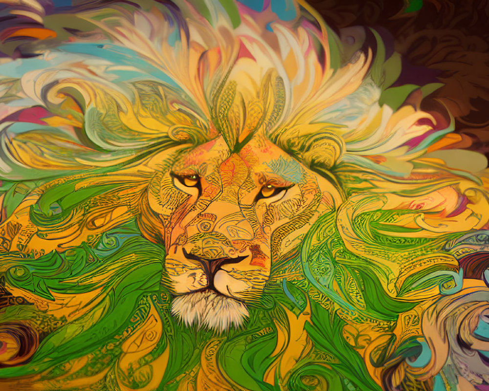 Colorful Lion Artwork with Swirling Patterns & Vivid Colors