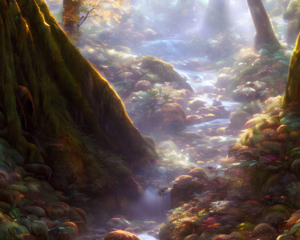 Sunlit mystical forest with gentle stream and vibrant greenery