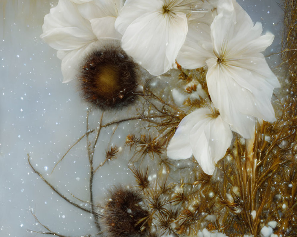 Delicate white flowers and brown seed heads with golden accents on a snowy background