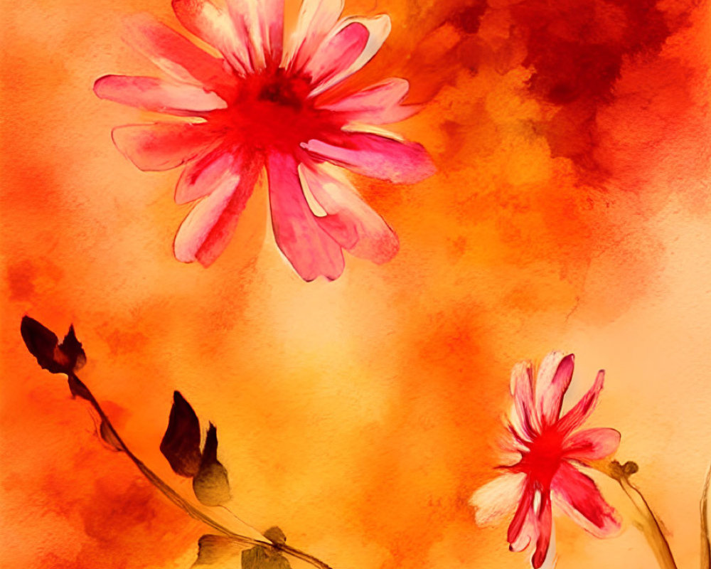 Vibrant red flowers in watercolor with fiery orange and yellow background