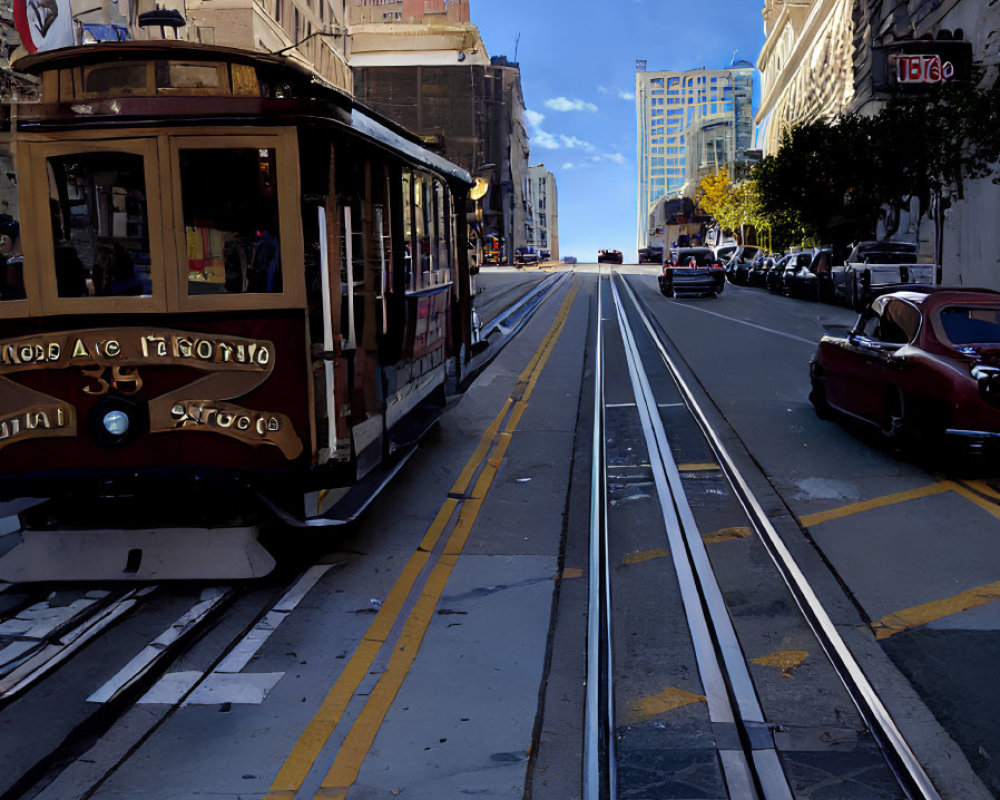 Scenic view of cable car on San Francisco street with parked cars and buildings under blue sky