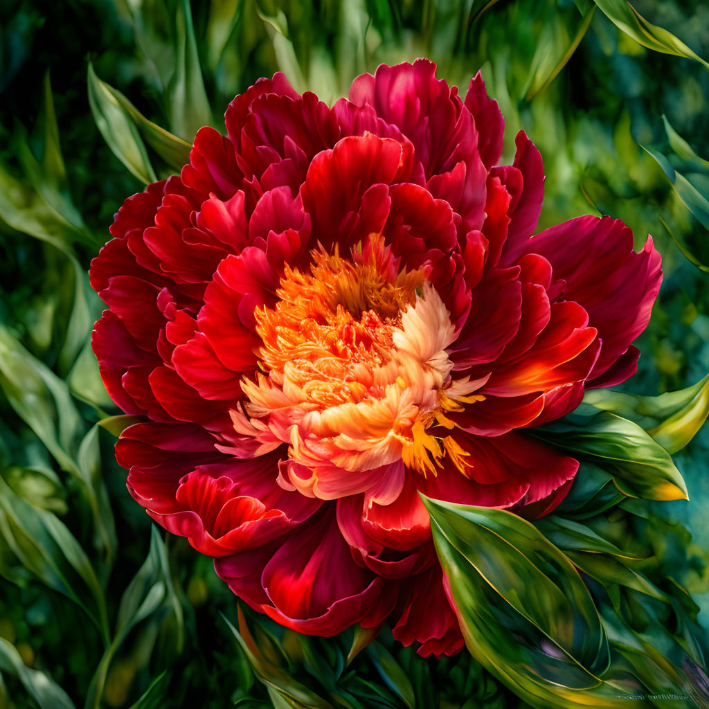 Vibrant red peony with lush yellow center blooming among verdant foliage