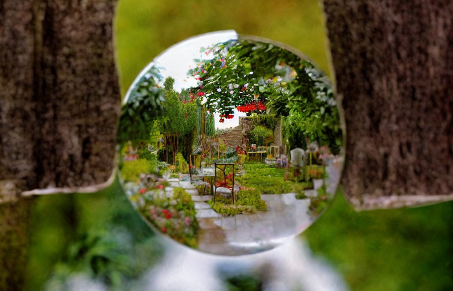 Colorful garden with flowers and bench seen through crystal ball in forest setting