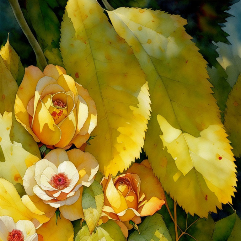 Vibrant yellow roses with autumn leaves in artwork